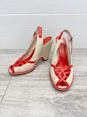 Marc Jacobs Red/Beige Canvas Wedge Sandals size 6